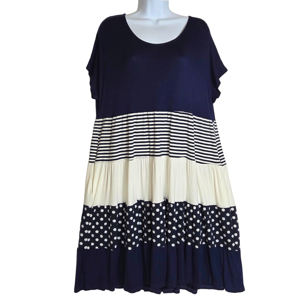 Suzanne Betro Navy White Polka Dot Striped Tiered Swing Dress Coastal Vacation